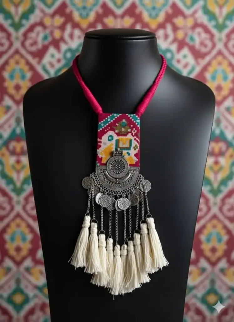 [557] Patan Patola Fabric and German Silver Handmade Necklace_557