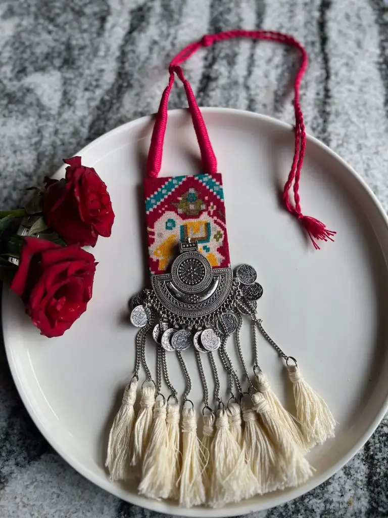 Patan Patola Fabric and German Silver Handmade Necklace_557