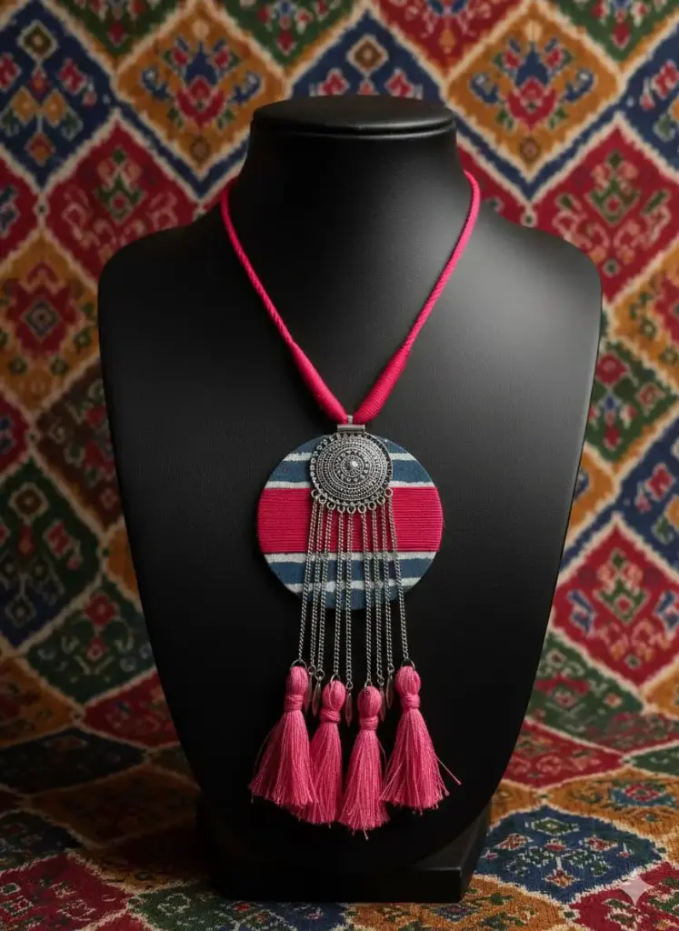 [558] Vibrant Ikat and Tassel Mandala Pendant Necklace_558