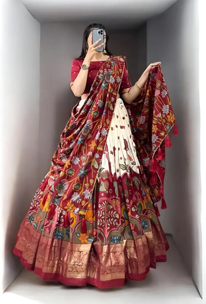 Maroon Madhubani Fusion Lehenga Choli with Ivory Pleats