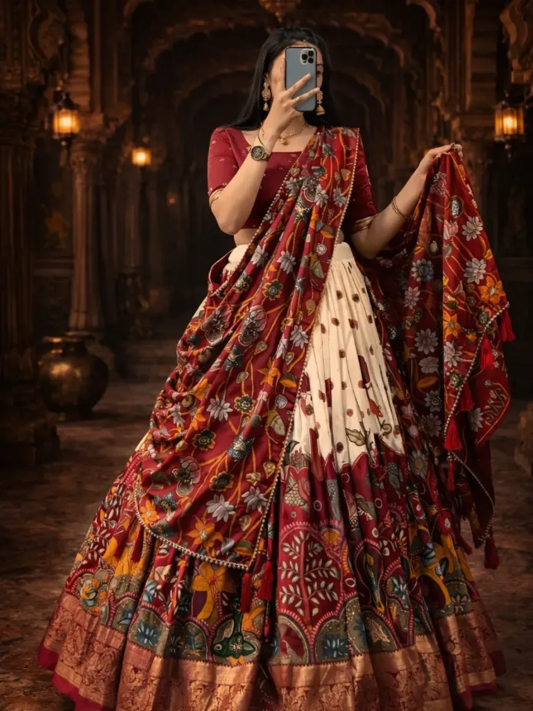 [172] Maroon Madhubani Fusion Lehenga Choli with Ivory Pleats_172