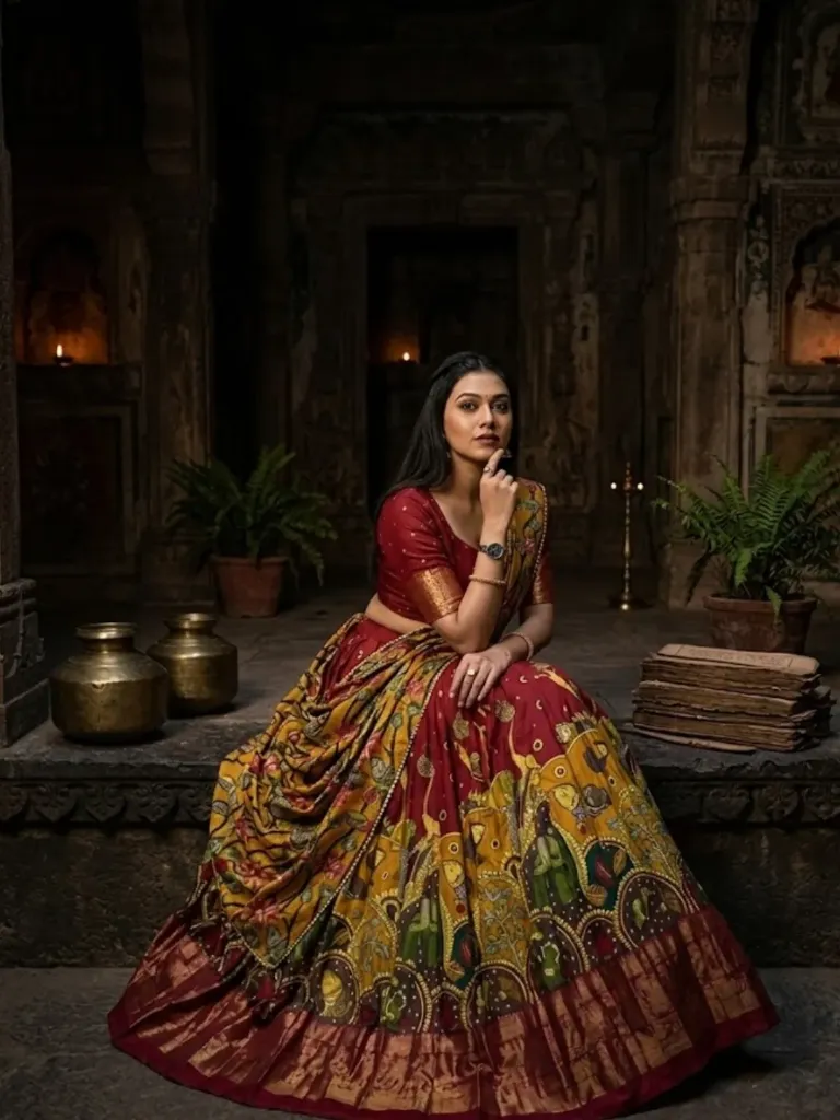 [173] Rust Maroon Madhubani Print Lehenga Choli with Mustard Dupatta_173