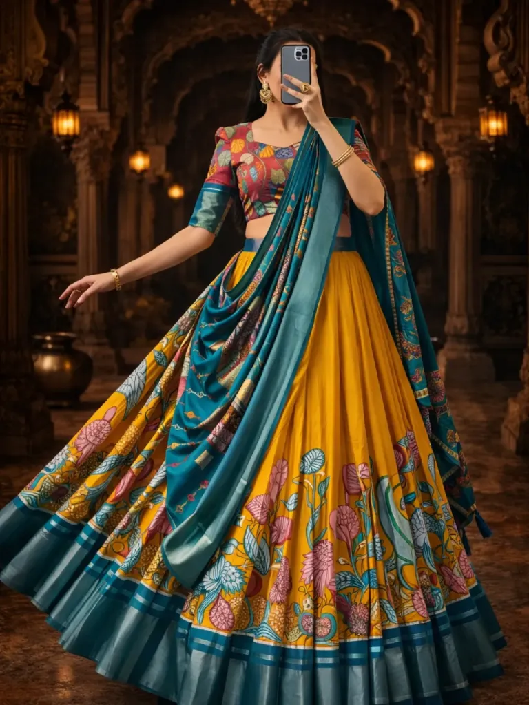 [174] Sunshine Yellow Madhubani Lehenga Choli with Teal Blue Dupatta_174
