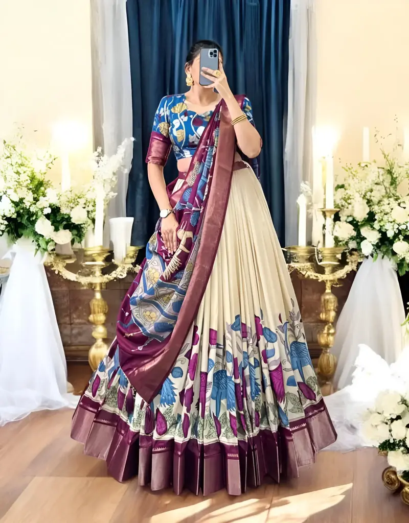 Ivory & Wine Madhubani Designer Lehenga Choli Set_175