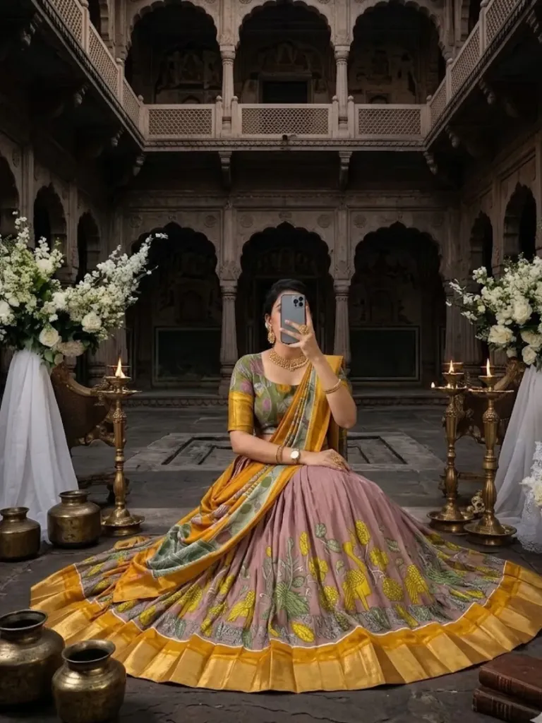 [176] Dusty Rose & Mustard Madhubani Art Lehenga Choli_176