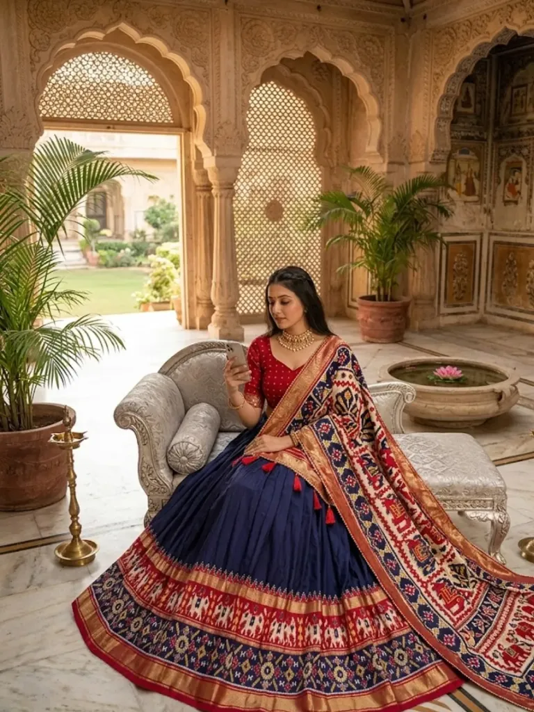 [177] Royal Blue Patola Print Lehenga Choli with Red Mirror Work Blouse_177