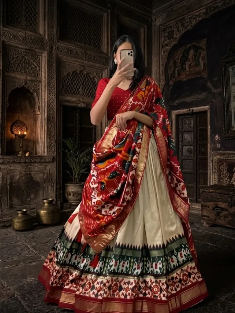 [179] Cream & Red Heritage Patola Lehenga Choli Set_179