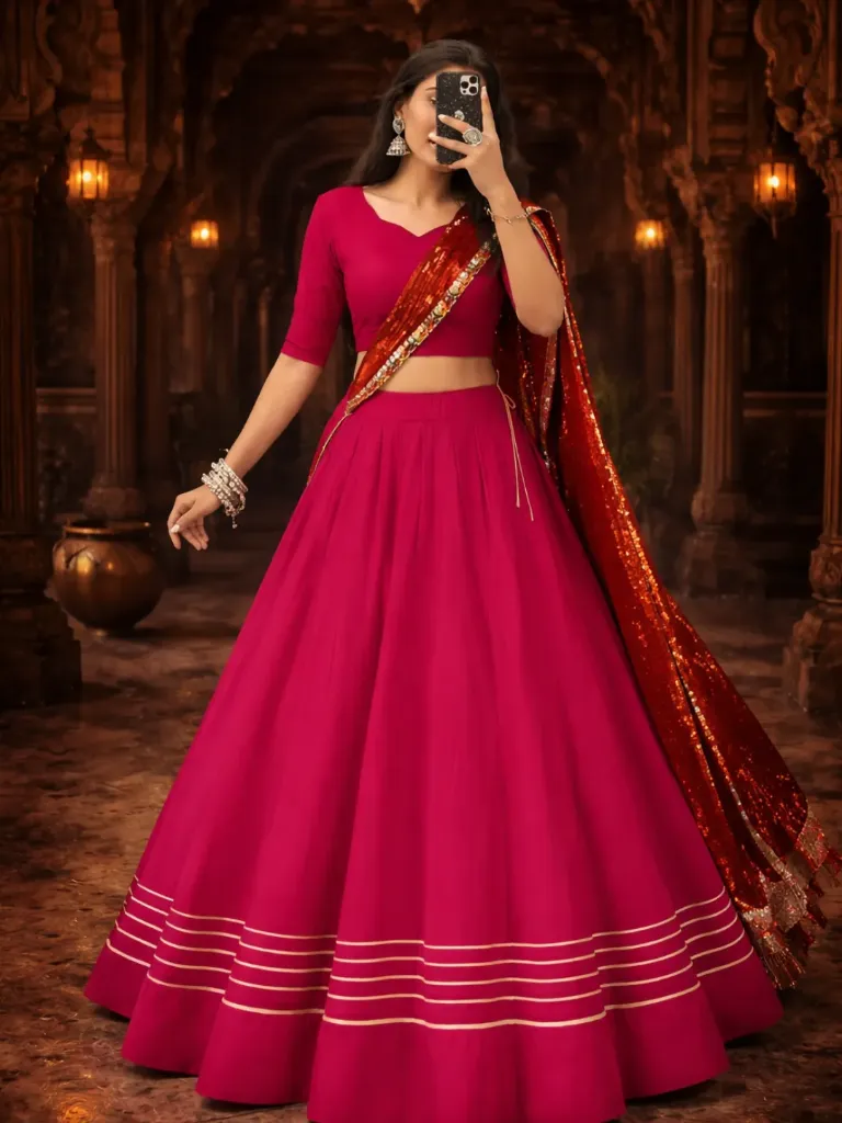 [183]  Pink Chaniya Choli with Mirror Work Dupatta_183