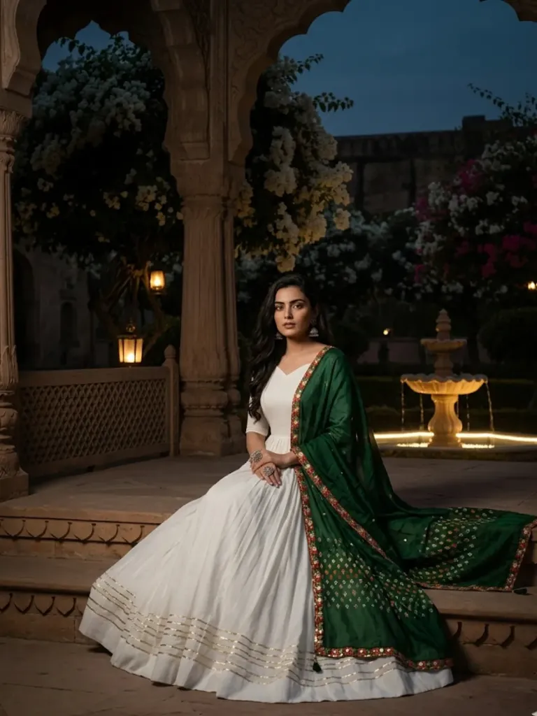 [184] Ivory Grace Chaniya Choli with Emerald Dupatta_184