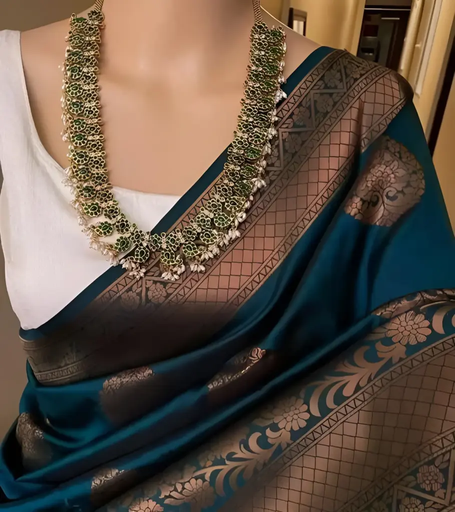 Teal Copper Kanjeevaram Silk Saree with Traditional Zari Border
