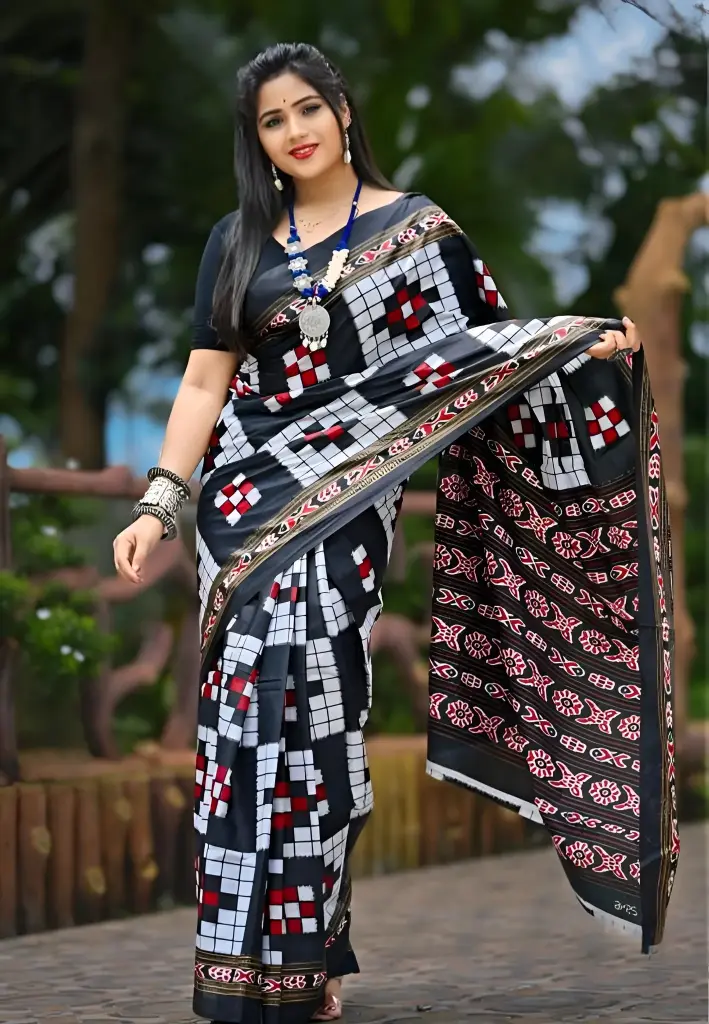 Elegant Black & White Cotton Printed Saree