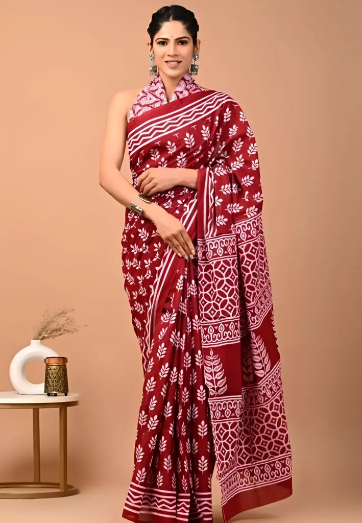 Elegant Maroon Ajrakh Cotton Saree
