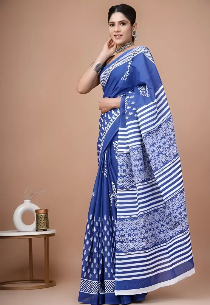 Classic Blue Cotton Printed Saree