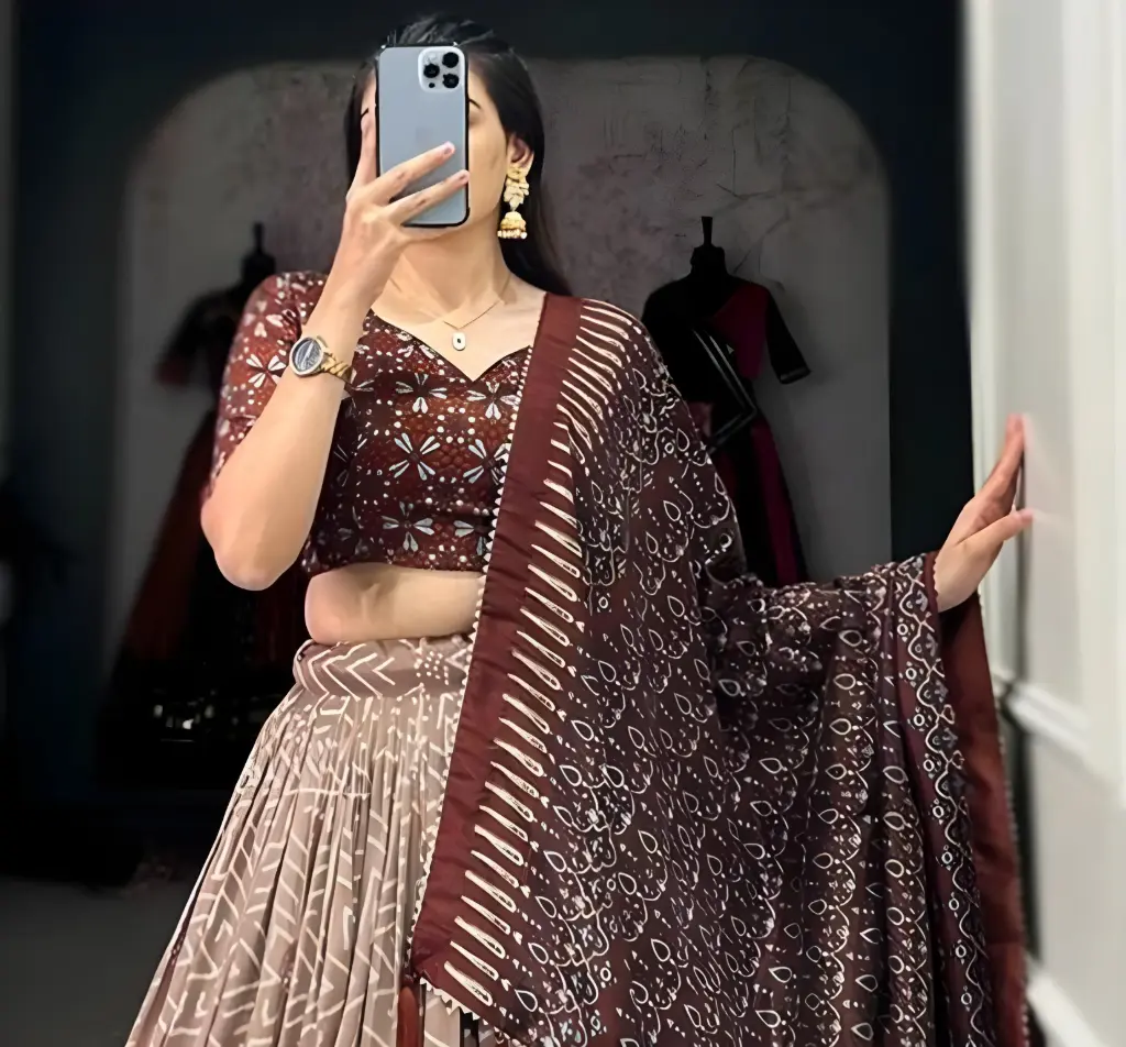Maroon & Beige Mirror‑Embellished Chaniya Choli Set 