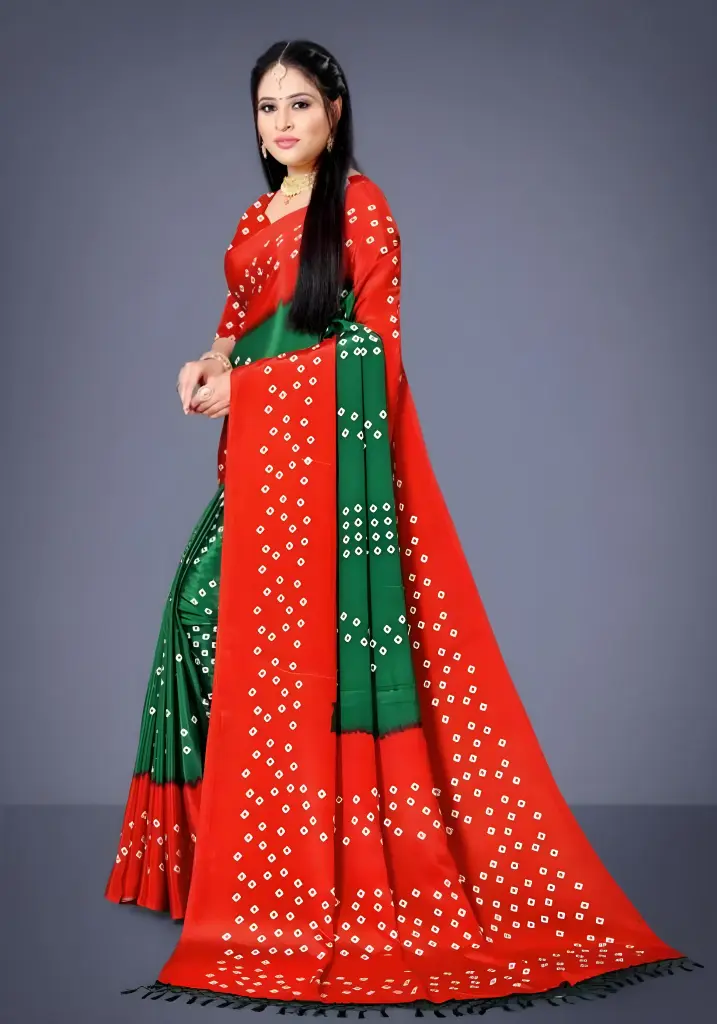 Red & Emerald Green Bandhani Saree
