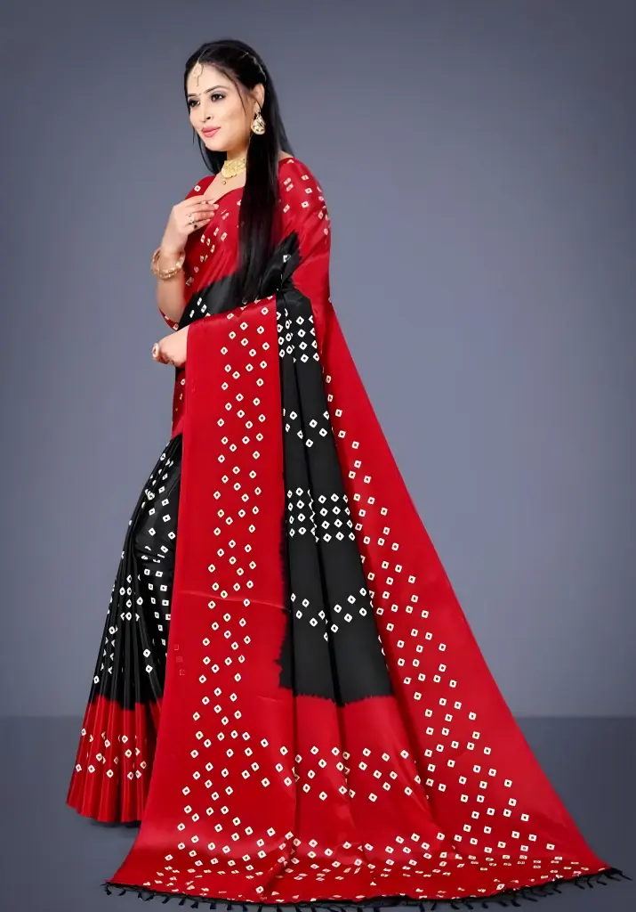 Scarlet & Jet‑Black Bandhani Saree