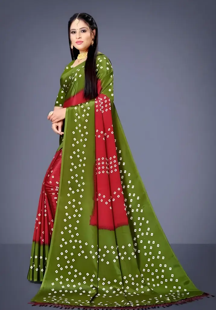 Elegant Green & Red Bandhani Art Silk Saree