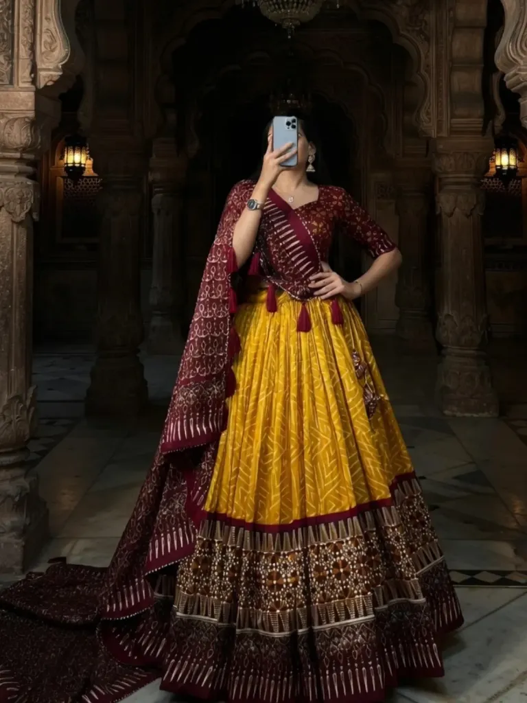 [266] Mustard Yellow & Maroon Traditional Bandhani Lehenga Choli_266