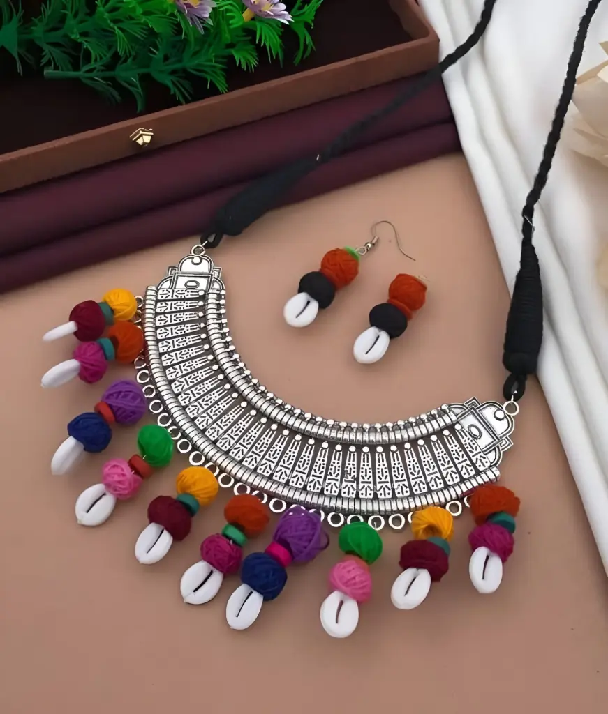 Oxidised Multicolour Pom-Pom & Cowrie Shell Necklace Set
