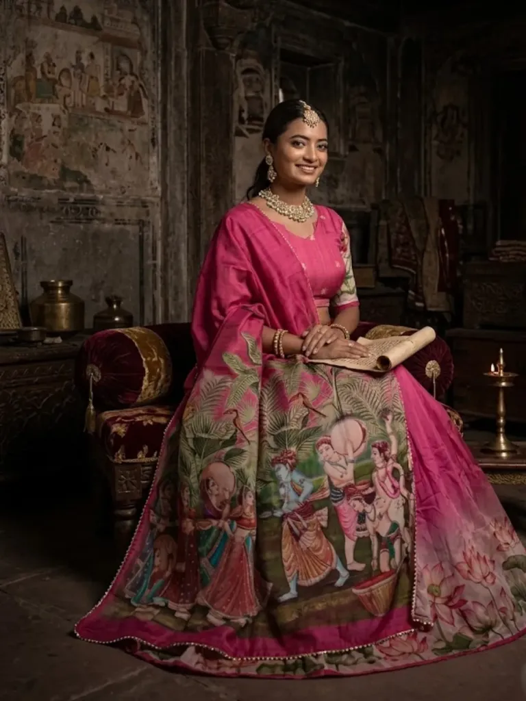 [305] Pink Pichwai Art Krishna Leela Chaniya Choli_305