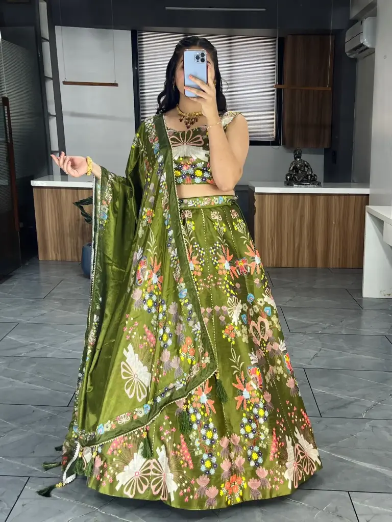 Olive Green Floral Embroidered Lehenga Choli with Dupatta