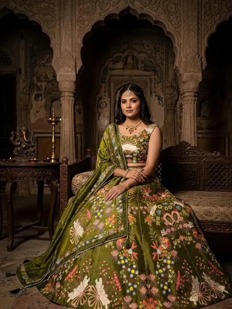 [313] Olive Green Floral Embroidered Lehenga Choli with Dupatta_313