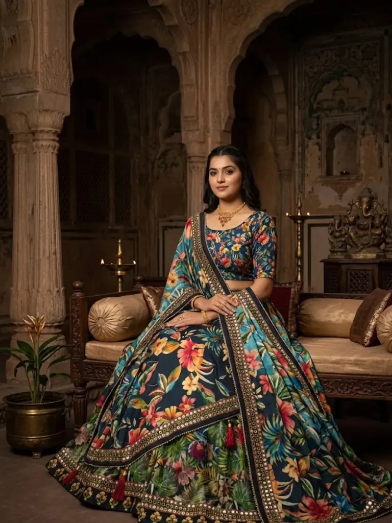 [314] Midnight Bloom Digital Print Lehenga Choli with Border_314