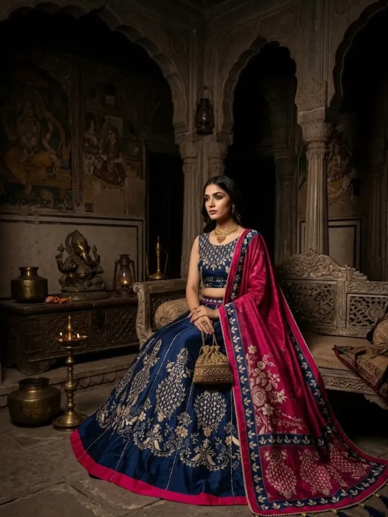 [317] Royal Blue & Pink Embroidered Velvet Lehenga Choli_317