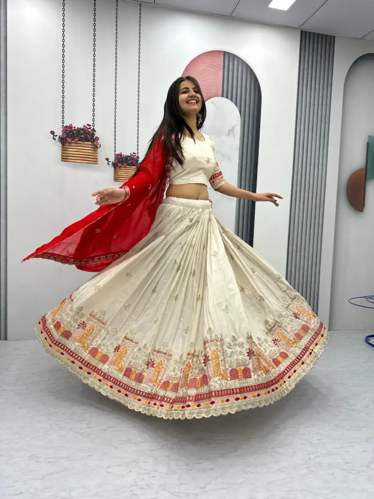 The Cream & Red Festive Chaniya Choli_RASRANGINI_360