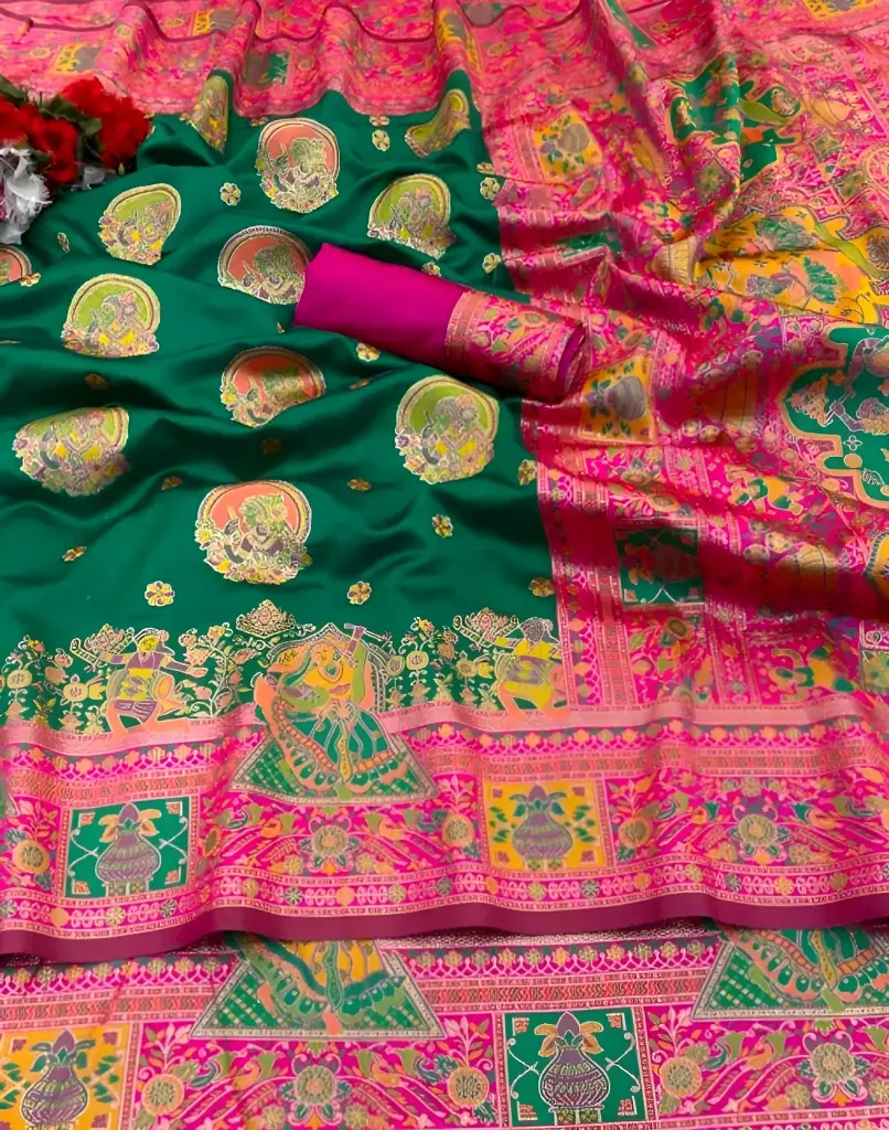 Emerald and Rani Pink Paithani Silk Saree_366