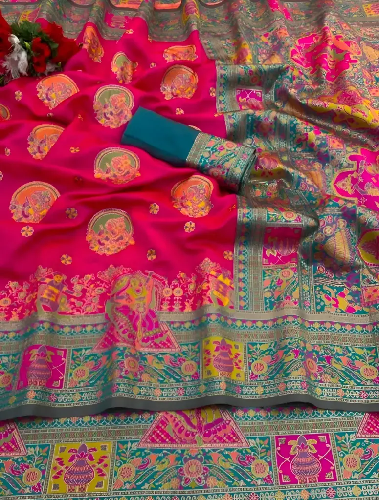 Green  and Rani Pink Paithani Silk Saree_368