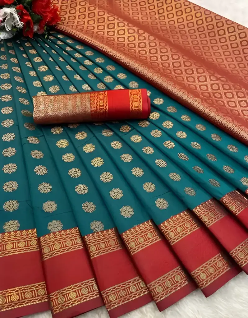 Teal & Crimson Paithani Silk Saree_369
