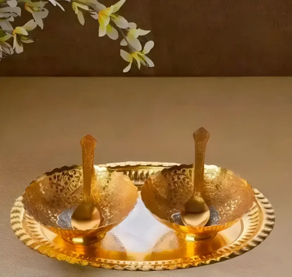 Golden Serving Try with Bowl & Spoon_442
