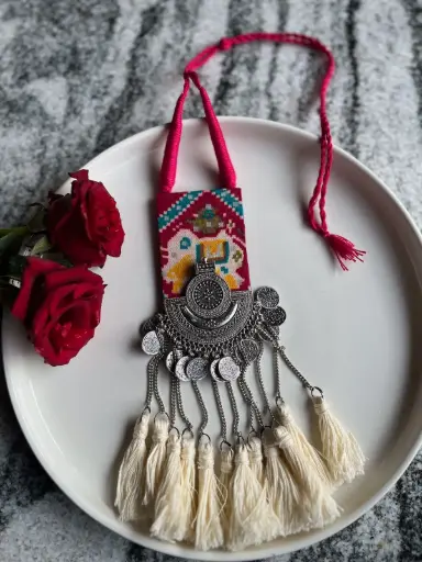 [557] Patan Patola Fabric and German Silver Handmade Necklace_557