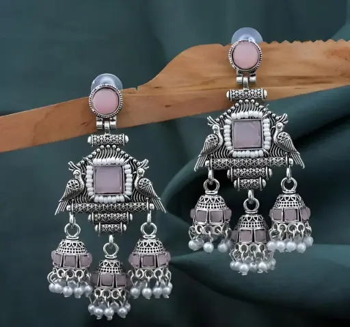 [559] Silver-Toned & Pink Stone Oxidised Tribal Bird Jhumka Earrings_559