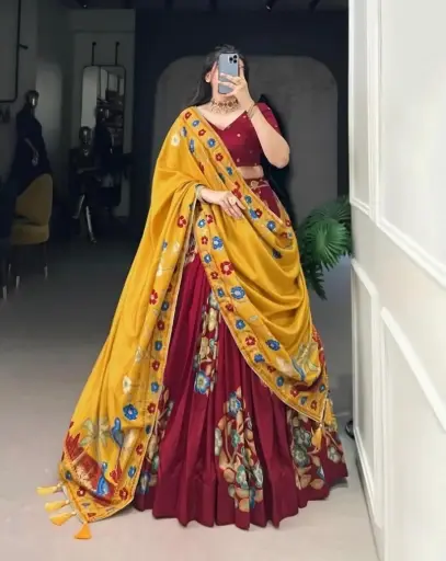 [160] Maroon Bloom Embroidered Chaniya Choli with Mustard Dupatta_160