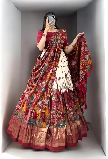 [172] Maroon Madhubani Fusion Lehenga Choli with Ivory Pleats