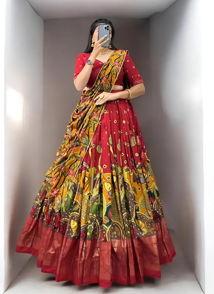 [173] Rust Maroon Madhubani Print Lehenga Choli with Mustard Dupatta_173