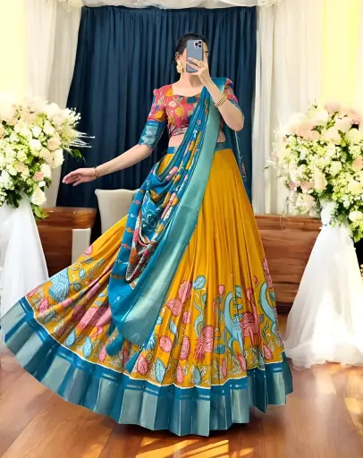 [174] Sunshine Yellow Madhubani Lehenga Choli with Teal Blue Dupatta_174