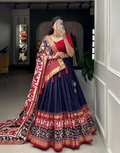 [177] Royal Blue Patola Print Lehenga Choli with Red Mirror Work Blouse_177