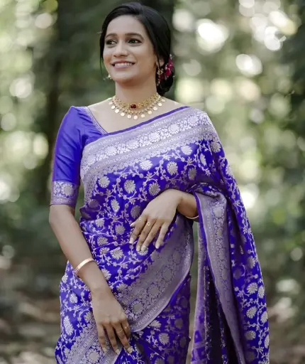 [190] Royal Purple Kanchipuram Silk Saree with Silver Zari Temple Border_190