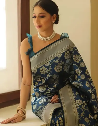 [197] Midnight Blue Fusion Silk Saree_197