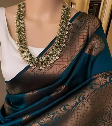 [198] Teal Copper Kanjeevaram Silk Saree with Traditional Zari Border