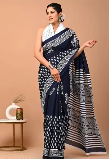 [250] Elegant Navy Blue Cotton Printed Saree 
