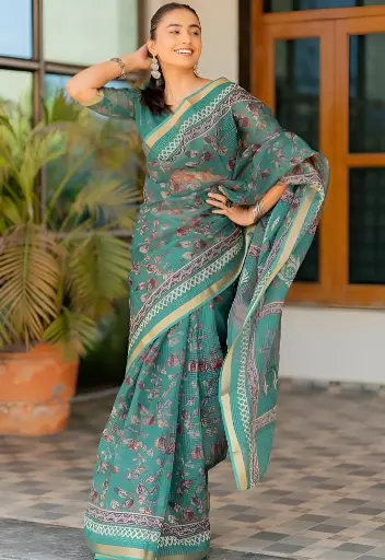 [251] Teal Blossom Cotton Saree