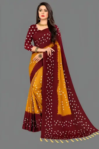 [259] Maroon & Mustard All‑Over Flower Bandhani Saree