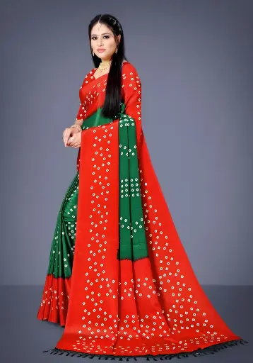 [263] Red & Emerald Green Bandhani Saree