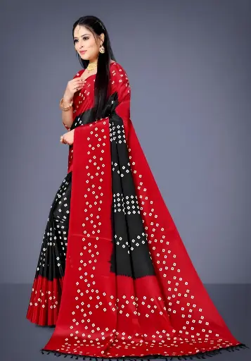 [264] Scarlet & Jet‑Black Bandhani Saree
