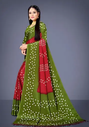 [265] Elegant Green & Red Bandhani Art Silk Saree