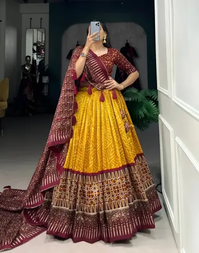 [266] Mustard Yellow & Maroon Traditional Bandhani Lehenga Choli 